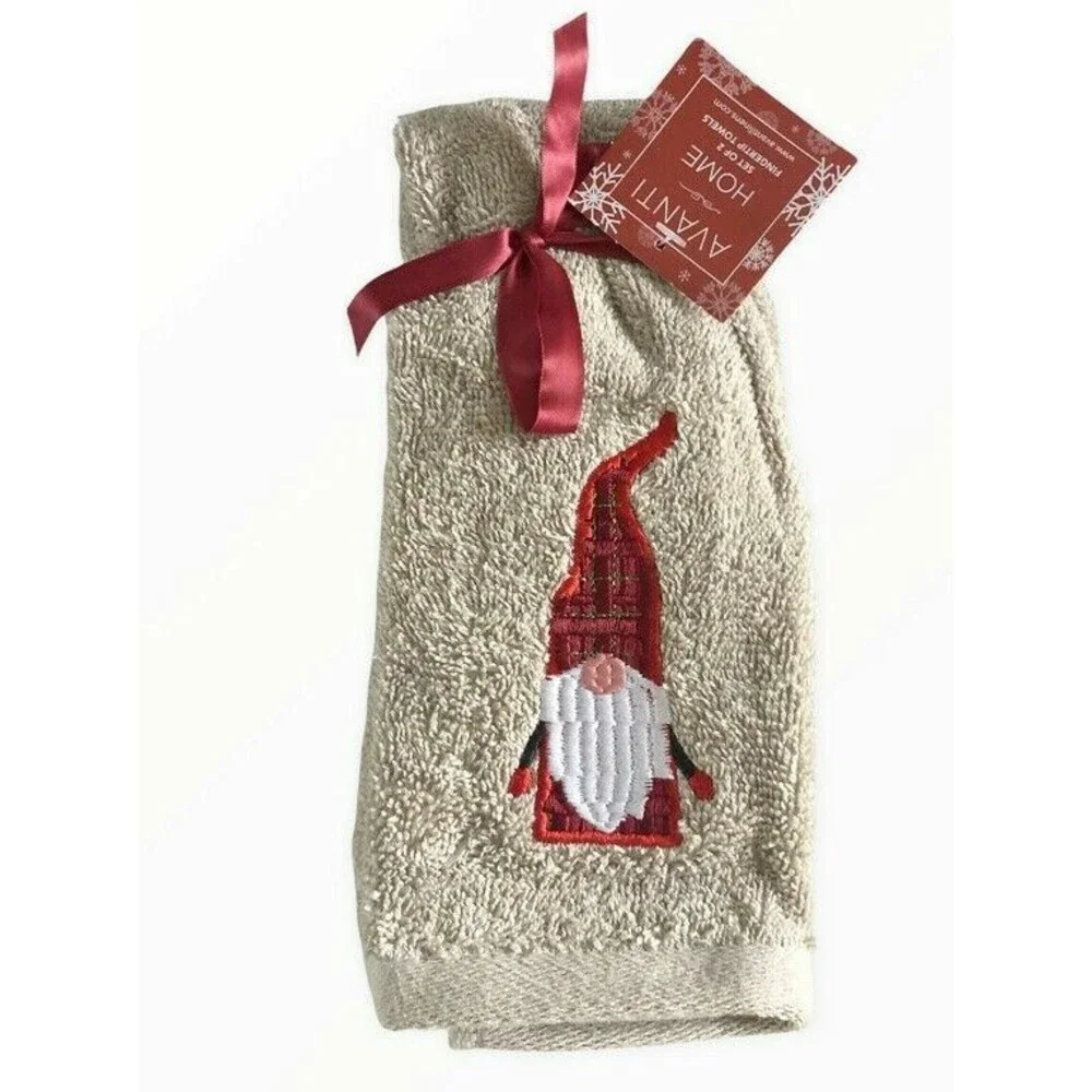 Avanti Christmas Gnome Fingertip Towels Beige Embroidered Holiday Set Of 2